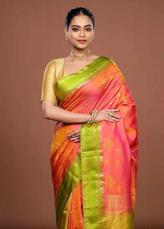 Orange Handloom Kanchipuram Pure Silk Saree With Blouse Piece One Size
