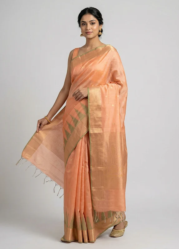 Peach Handloom Kanchipuram Pure Silk Saree With Blouse Piece One Size
