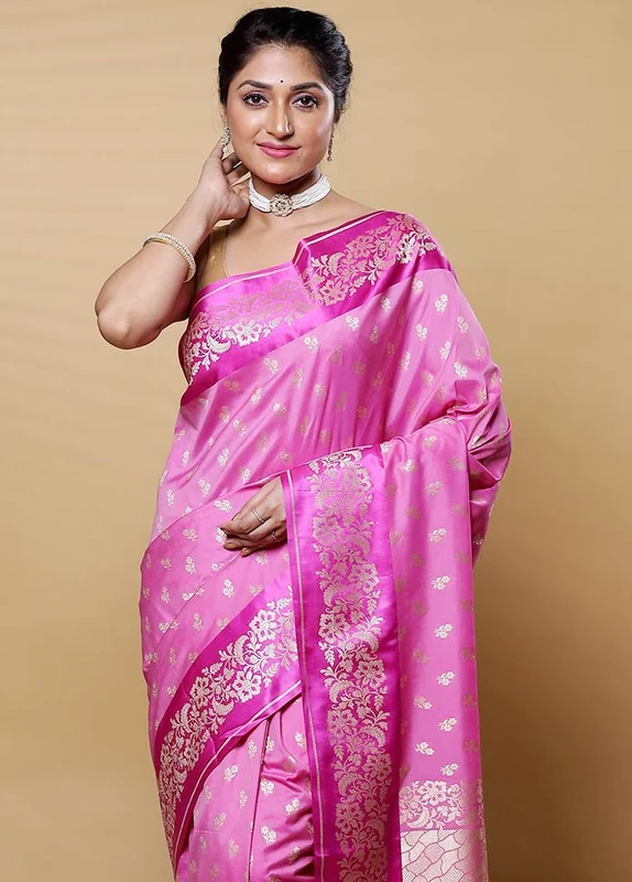 Pink Uppada Silk Saree With Blouse Piece Onesize