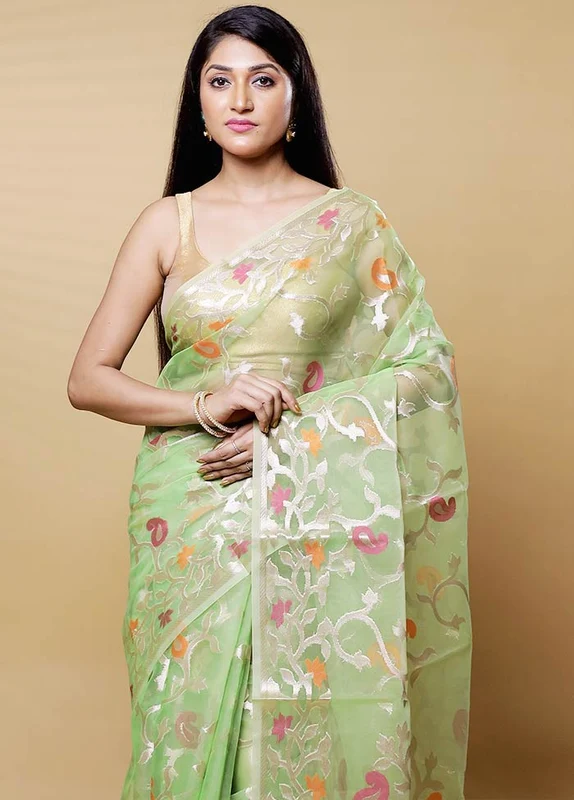 Green Organza Saree With Blouse Piece Onesize