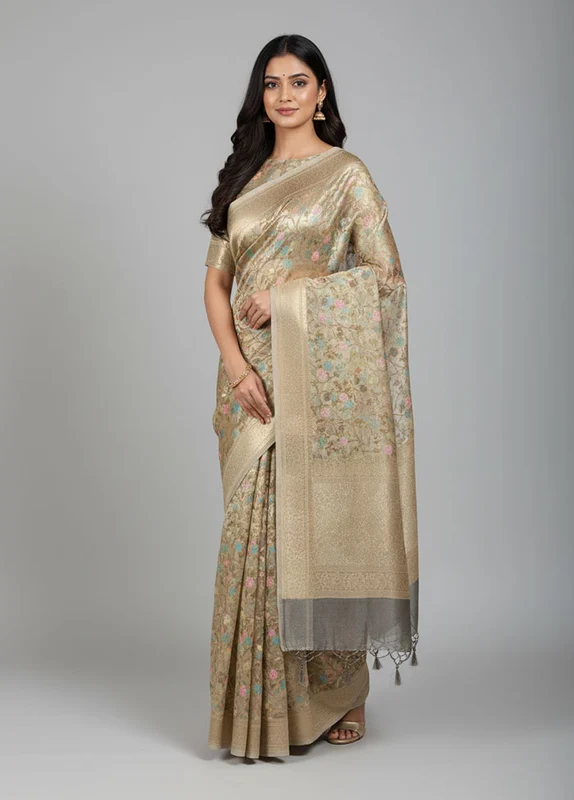 Gold Tissue Silk Saree With Blouse Piece One Size