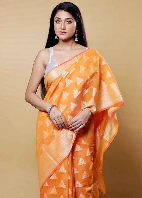 Orange Kora Silk Saree With Blouse Piece Onesize
