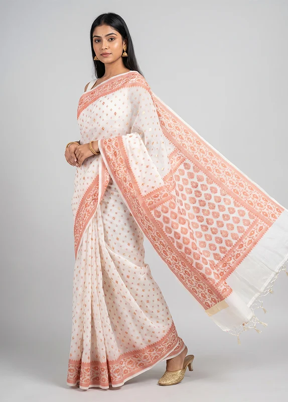 Cream Kora Silk Saree With Blouse Piece One Size