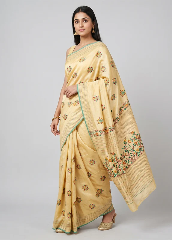 Cream Handloom Tussar Pure Silk Saree With Blouse Piece One Size