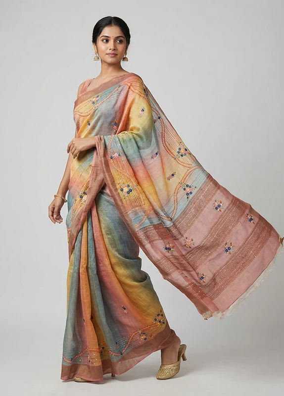 Multicolor Handloom Tussar Pure Silk Saree With Blouse Piece One Size