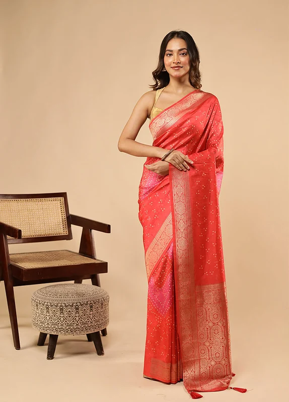 Red Dupion Silk Saree With Blouse Piece One Size
