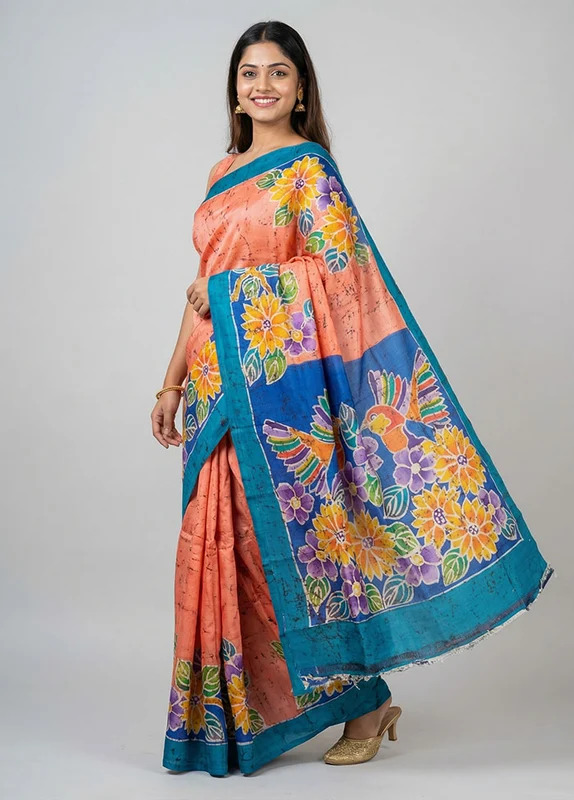 Multicolor Printed Silk Saree Without Blouse Piece One Size
