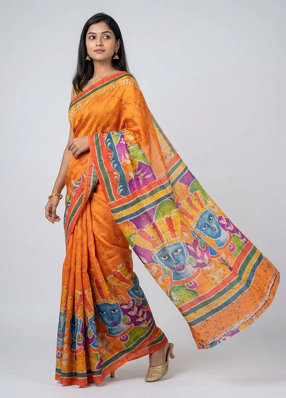 Multicolor Printed Silk Saree Without Blouse Piece One Size