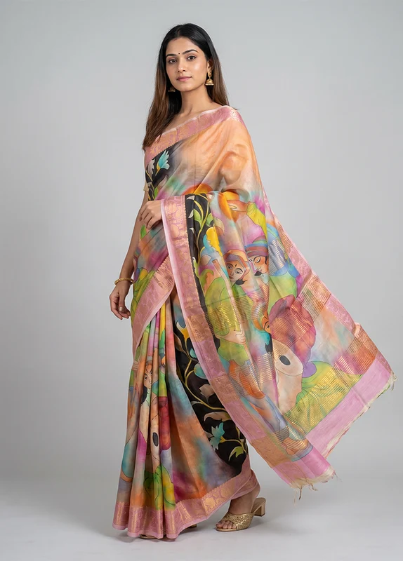 Multicolor Tussar Silk Saree With Blouse Piece One Size