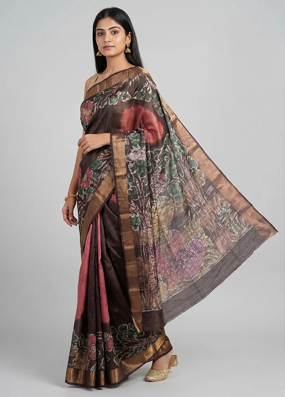 Multicolor Handloom Tussar Pure Silk Saree With Blouse Piece One Size