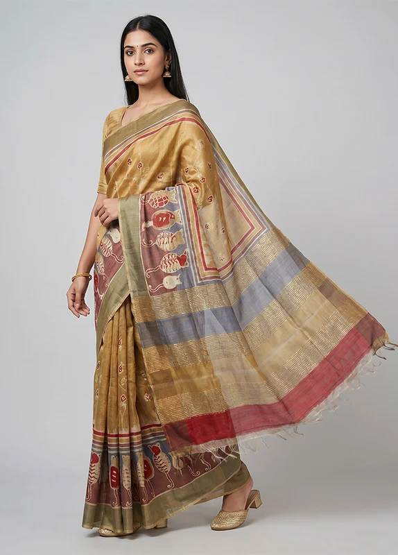Multicolor Handloom Tussar Pure Silk Saree With Blouse Piece One Size