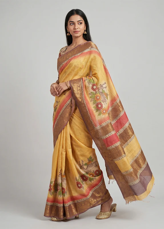Multicolor Tussar Silk Saree With Blouse Piece One Size