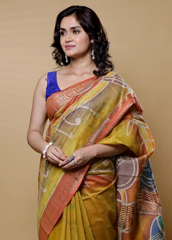 Yellow Handloom Tussar Pure Silk Saree With Blouse Piece Onesize