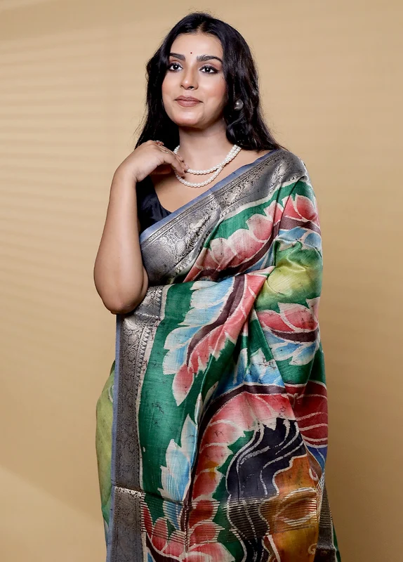 Multicolor Handloom Tussar Pure Silk Saree With Blouse Piece Onesize