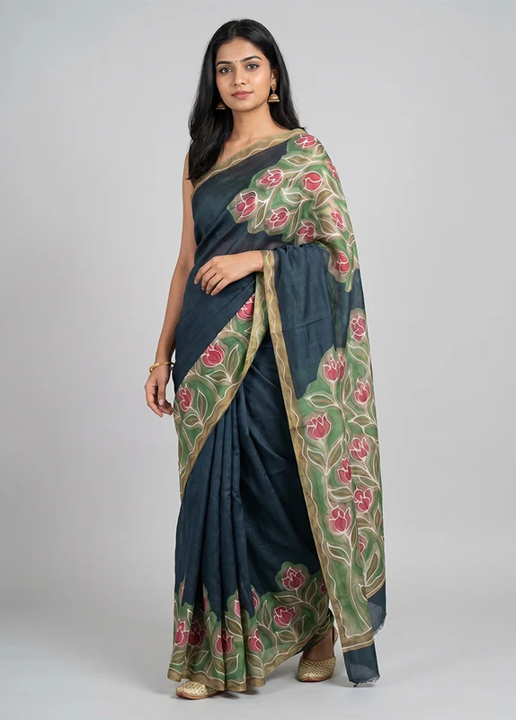Multicolor Handloom Tussar Pure Silk Saree With Blouse Piece One Size
