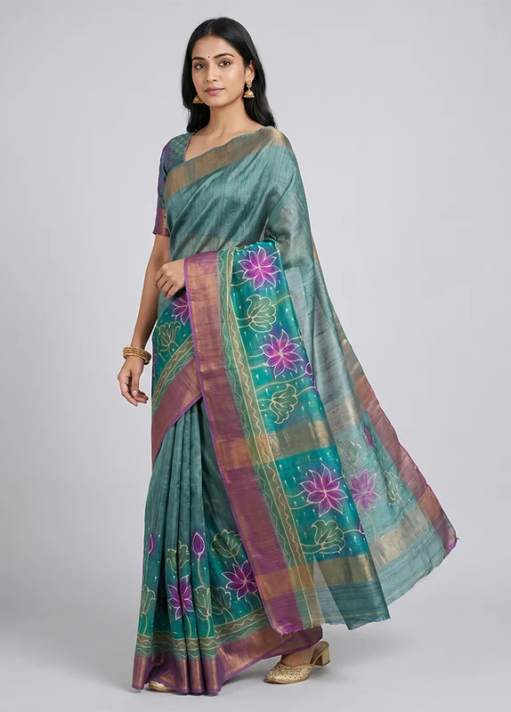 Multicolor Handloom Tussar Pure Silk Saree With Blouse Piece One Size