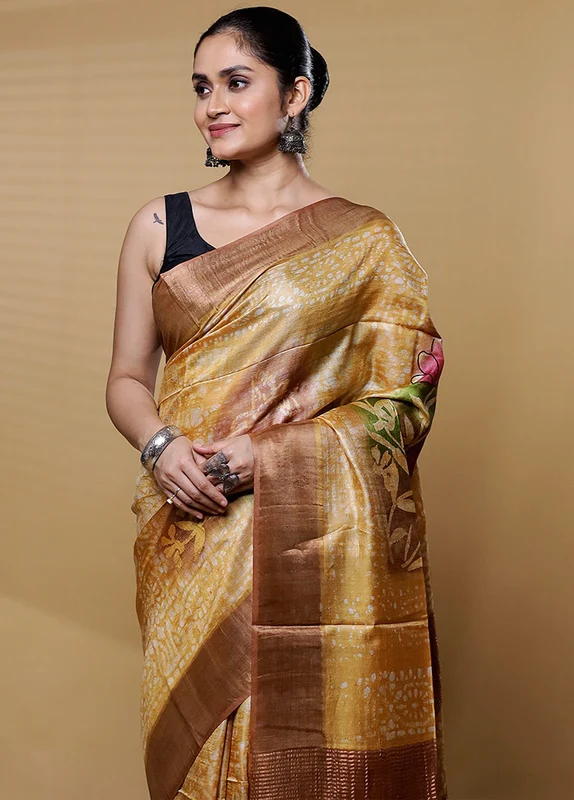 Multicolor Handloom Tussar Pure Silk Saree With Blouse Piece Onesize