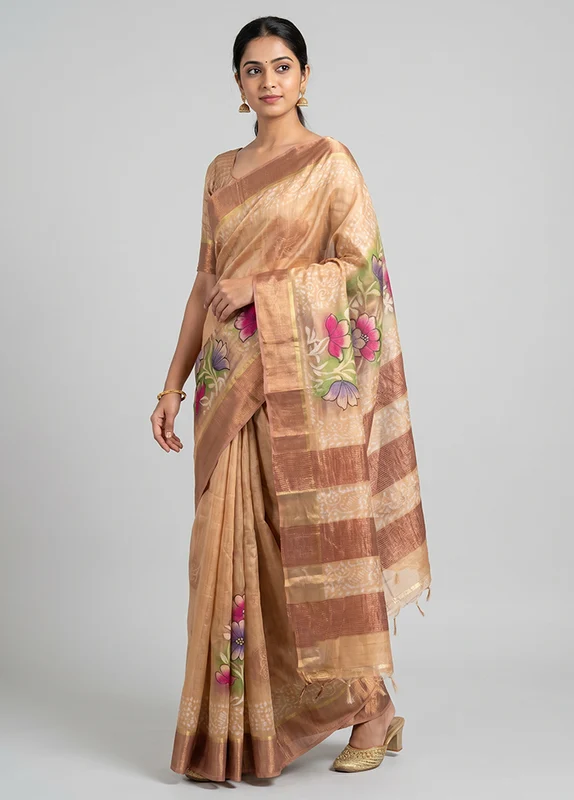 Multicolor Handloom Tussar Pure Silk Saree With Blouse Piece One Size