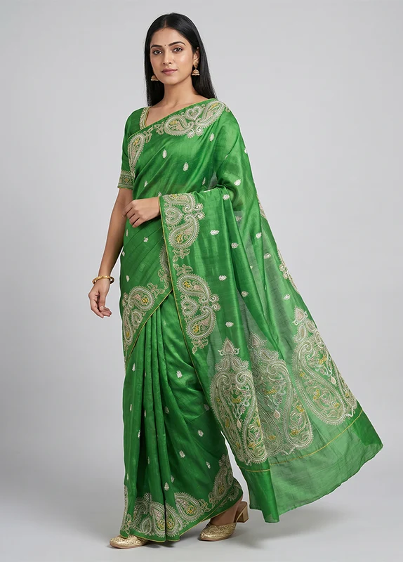 Green Handloom Tussar Pure Silk Saree With Blouse Piece One Size