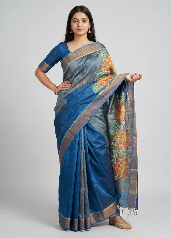 Multicolor Handloom Tussar Pure Silk Saree With Blouse Piece One Size