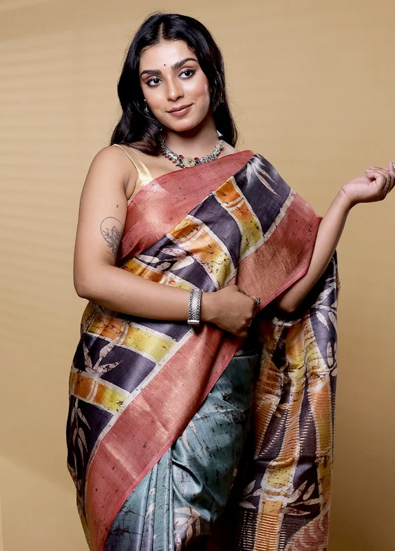 Multicolor Handloom Tussar Pure Silk Saree With Blouse Piece Onesize