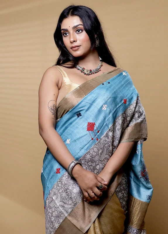 Multicolor Handloom Tussar Pure Silk Saree With Blouse Piece Onesize