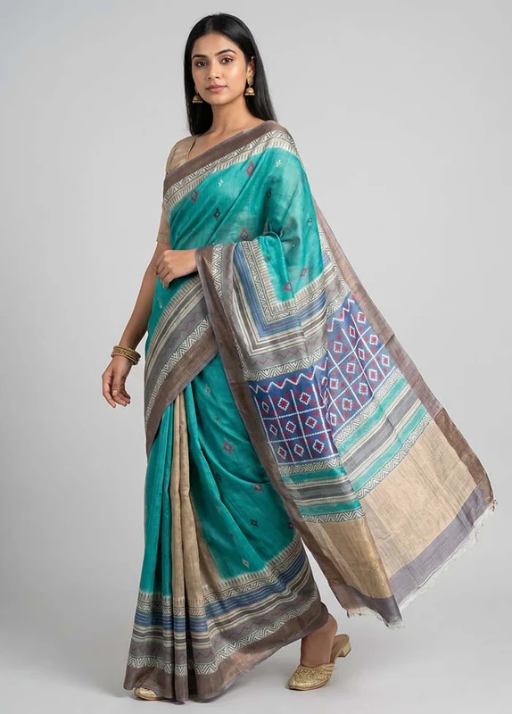 Multicolor Handloom Tussar Pure Silk Saree With Blouse Piece One Size