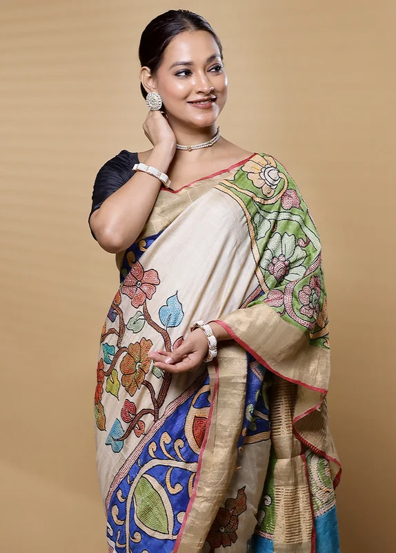 Cream Handloom Tussar Pure Silk Saree With Blouse Piece Onesize