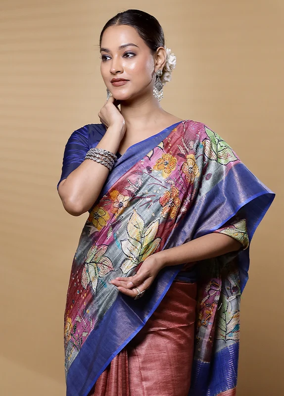Rust Handloom Tussar Pure Silk Saree With Blouse Piece Onesize