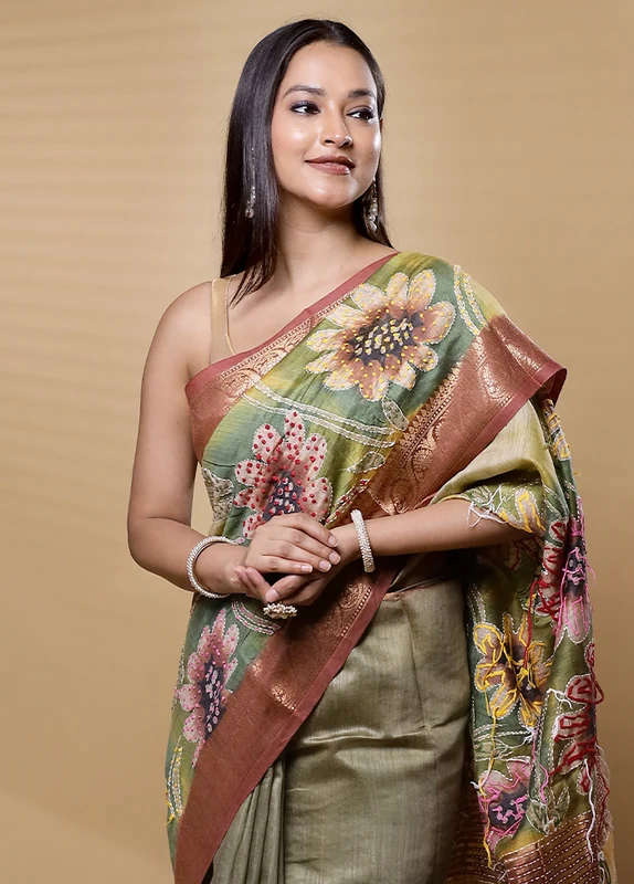 Green Handloom Tussar Pure Silk Saree With Blouse Piece Onesize