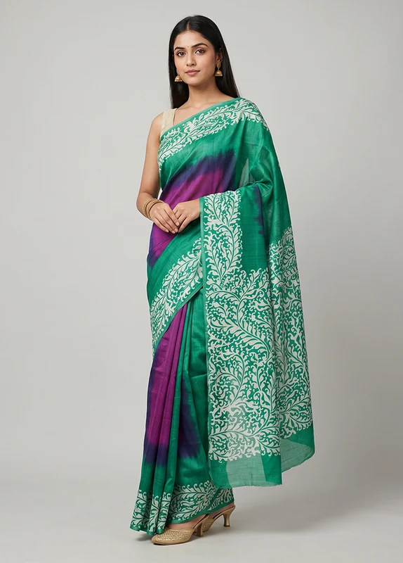Purple Printed Pure Silk Saree Without Blouse Piece One Size