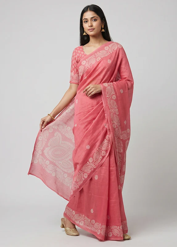 Pink Printed Silk Saree Without Blouse Piece One Size
