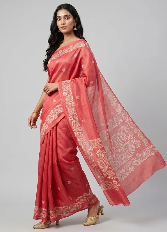 Pink Printed Pure Silk Saree Without Blouse Piece One Size