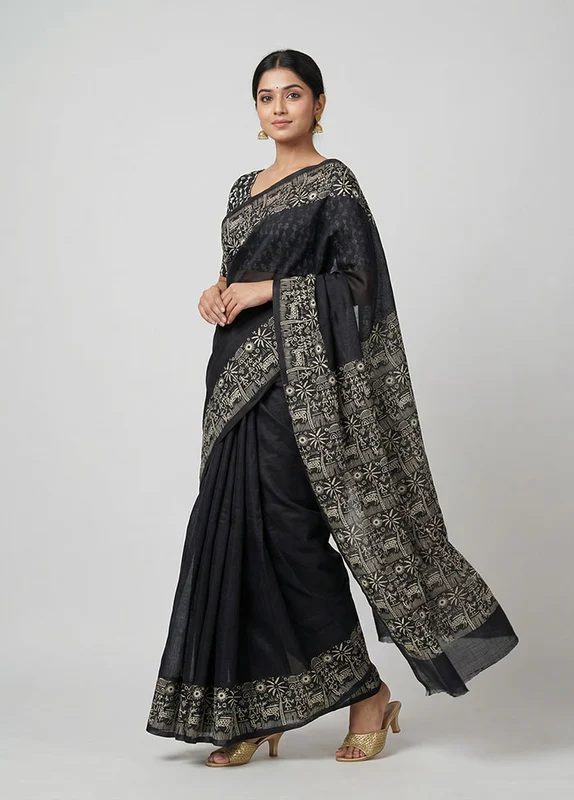 Black Printed Silk Saree Without Blouse Piece One Size