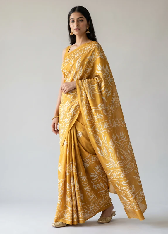 Yellow Printed Silk Saree Without Blouse Piece One Size