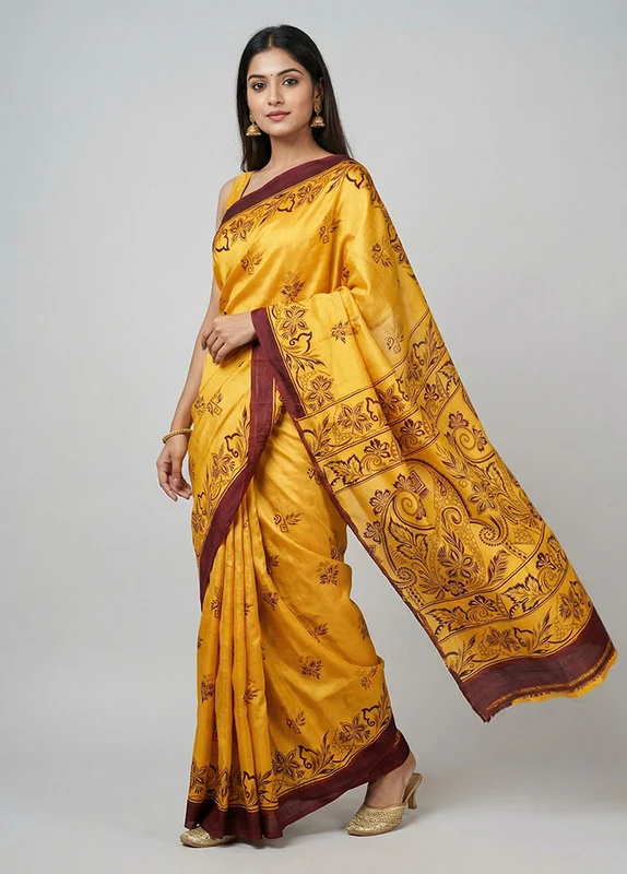 Yellow Printed Silk Saree Without Blouse Piece One Size