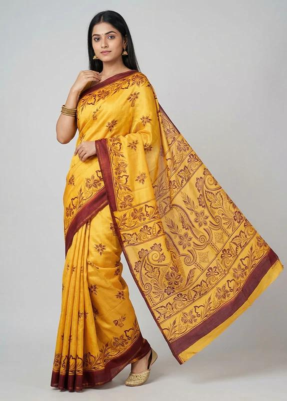 Yellow Printed Silk Saree Without Blouse Piece One Size
