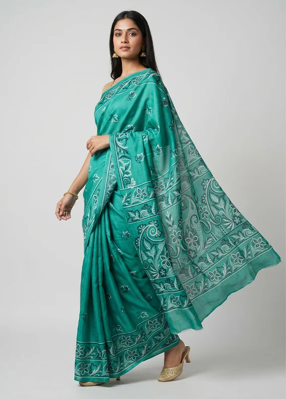 Green Printed Silk Saree Without Blouse Piece One Size