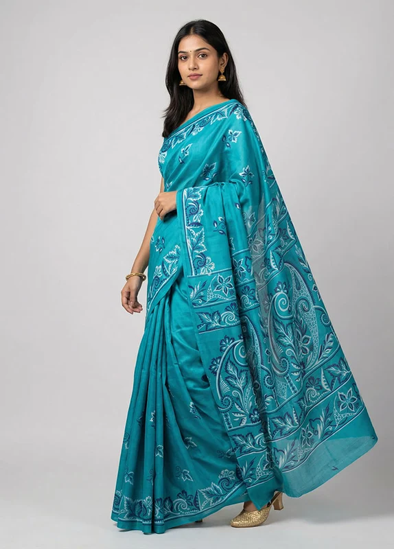 Green Printed Silk Saree Without Blouse Piece One Size