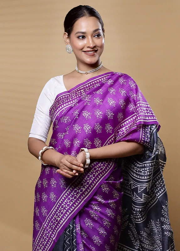 Purple Printed Silk Saree Without Blouse Piece Onesize