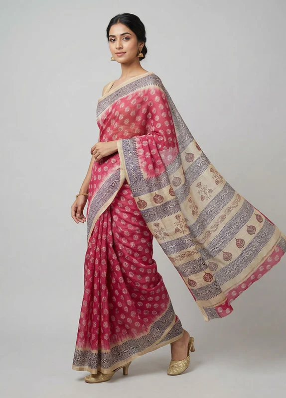 Maroon Printed Silk Saree Without Blouse Piece One Size