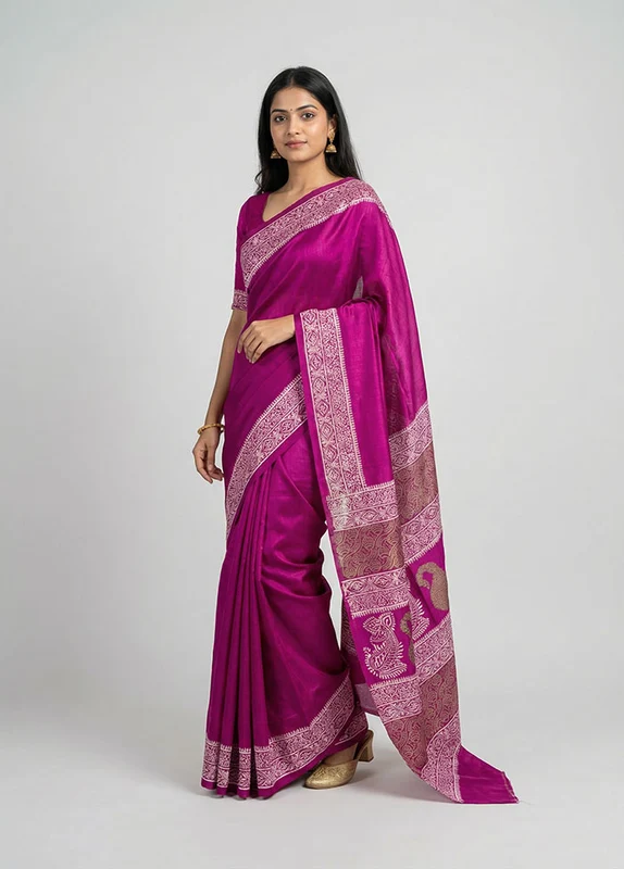 Purple Printed Pure Silk Saree Without Blouse Piece One Size