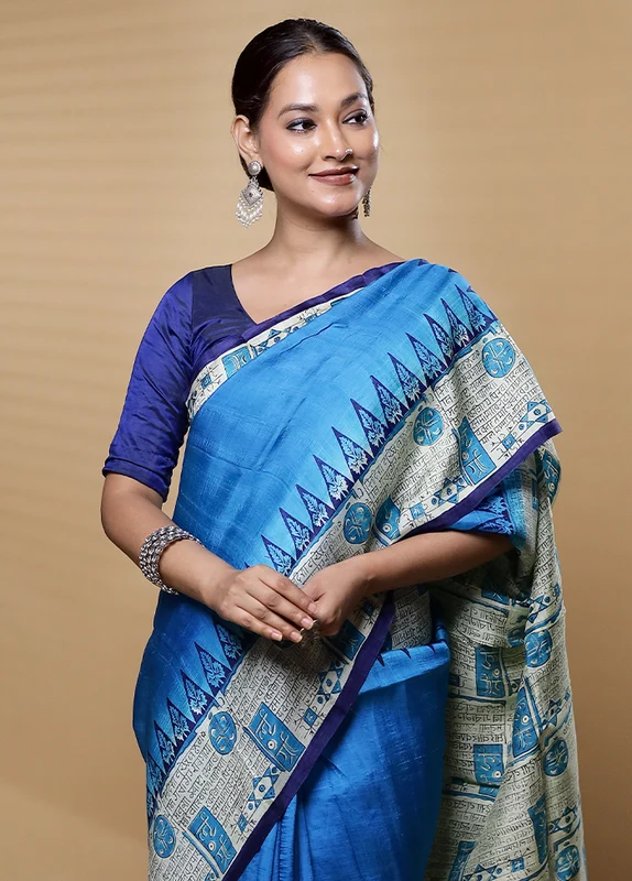 Blue Printed Pure Silk Saree Without Blouse Piece Onesize