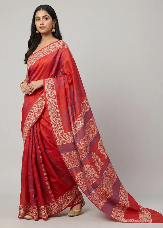 Red Printed Silk Saree Without Blouse Piece One Size