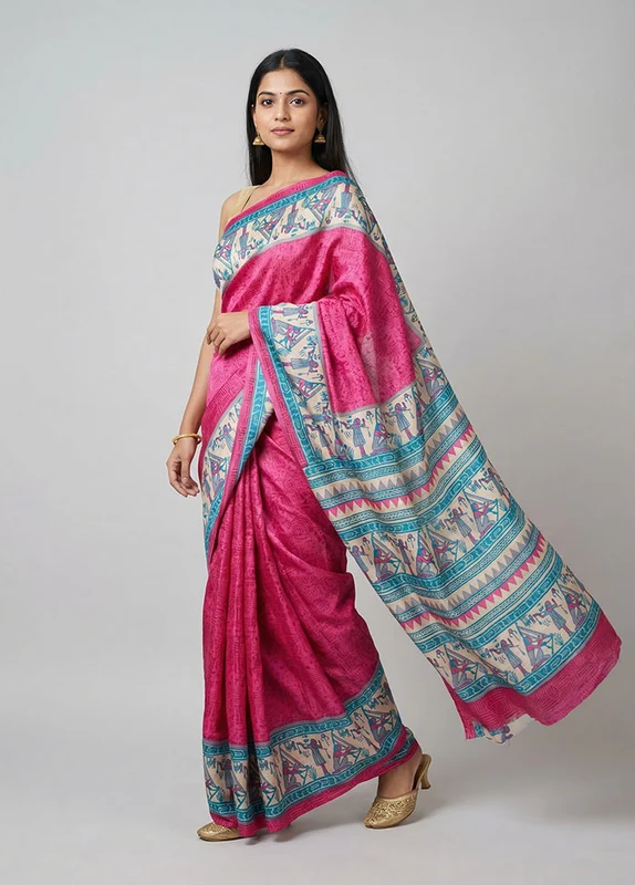 Pink Printed Silk Saree Without Blouse Piece One Size