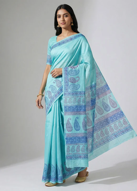 Blue Printed Silk Saree Without Blouse Piece One Size