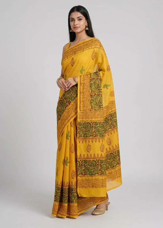 Yellow Printed Silk Saree Without Blouse Piece One Size