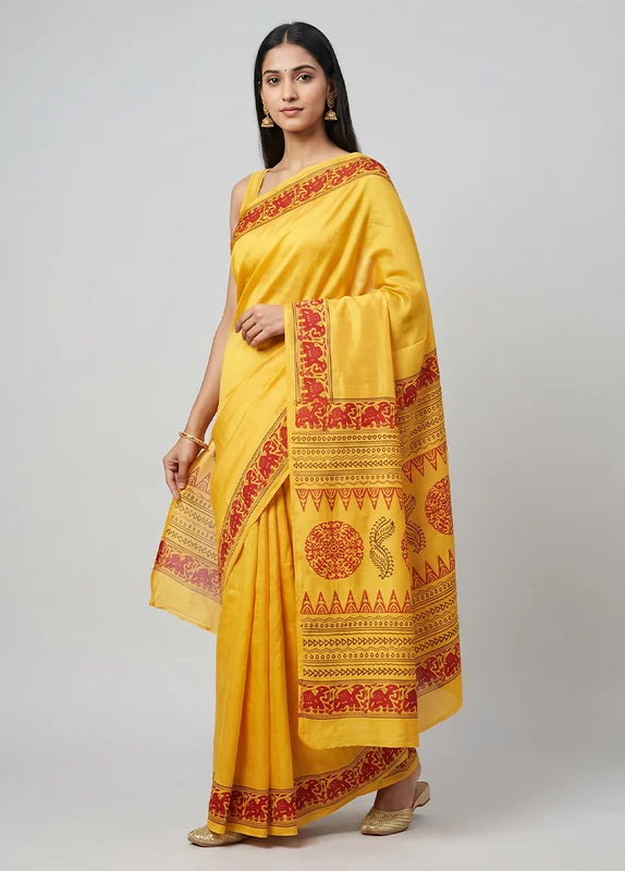 Yellow Printed Silk Saree Without Blouse Piece One Size