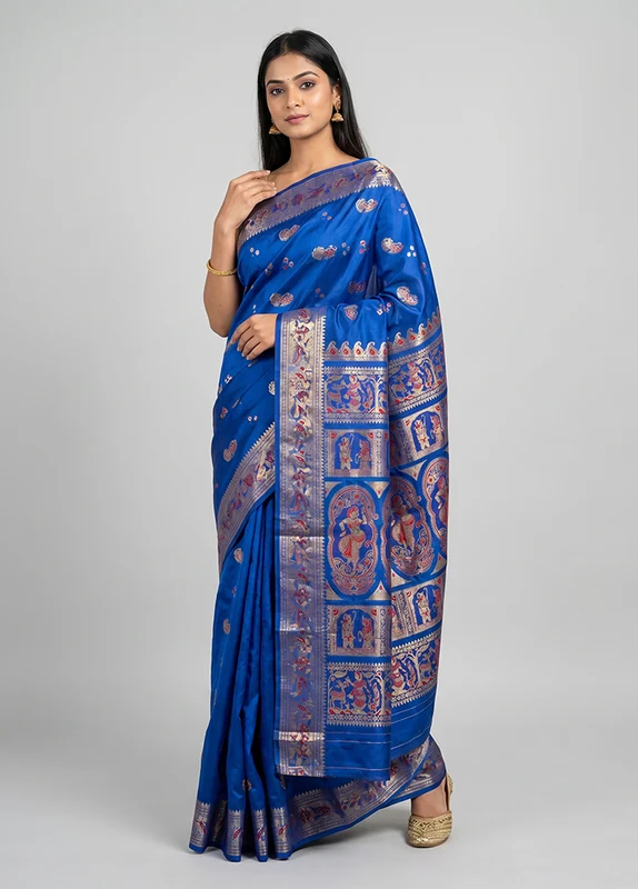 Blue Handloom Baluchari Pure Silk Saree With Blouse Piece One Size