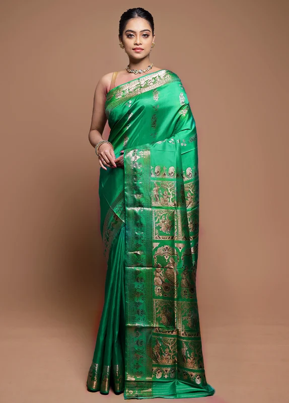 Green Handloom Baluchari Pure Silk Saree With Blouse Piece Onesize
